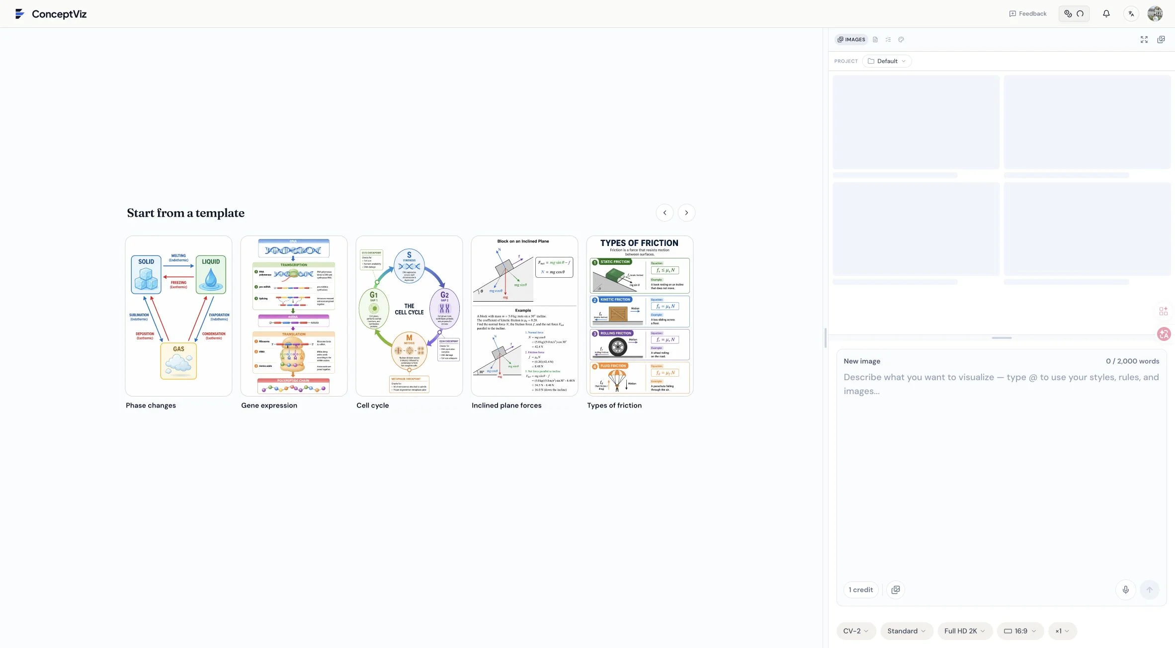 ConceptViz Studio showing science templates, image gallery, prompt editor, model, quality, resolution and aspect controls