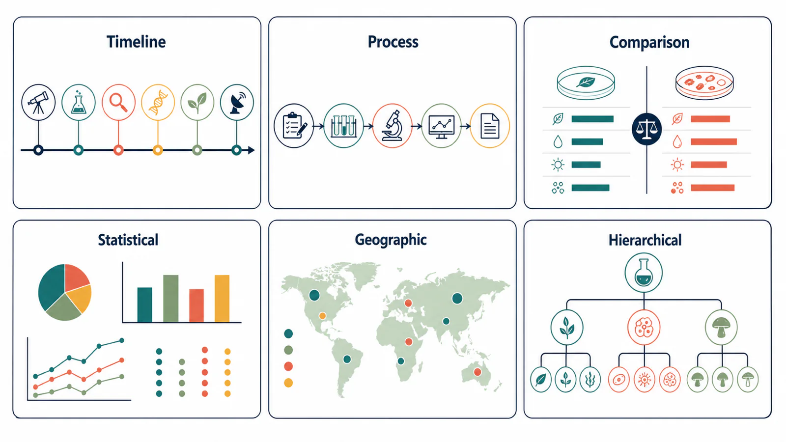 Six scientific infographic layout types: timeline, process, comparison, statistical, geographic, and hierarchical