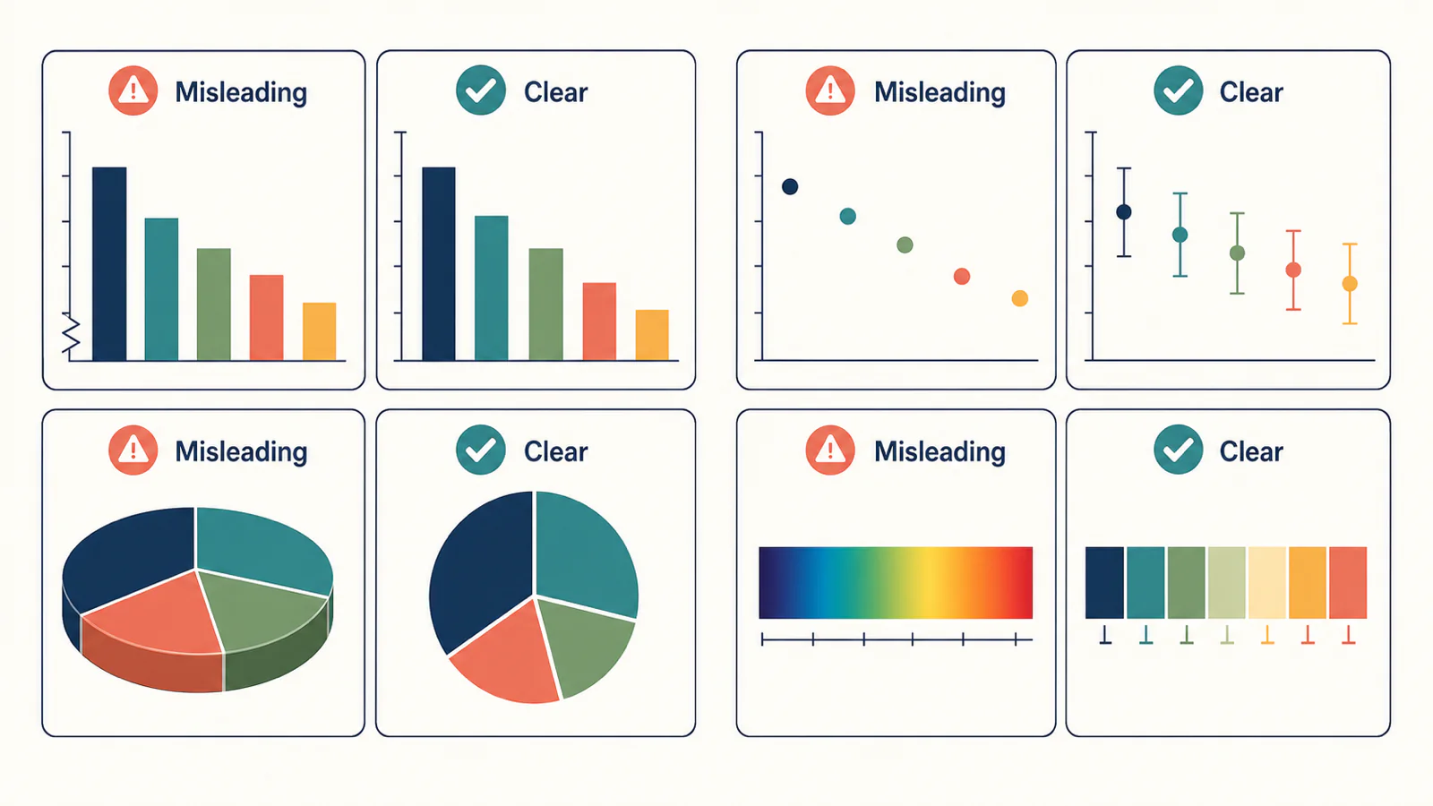 Side-by-side comparison of misleading charts and clearer alternatives using honest baselines, uncertainty, flat charts, and accessible colors