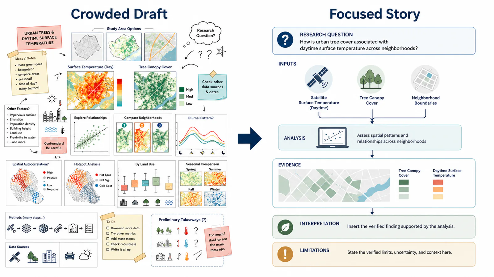 Before-and-after scientific infographic showing a crowded research brief transformed into a focused visual story