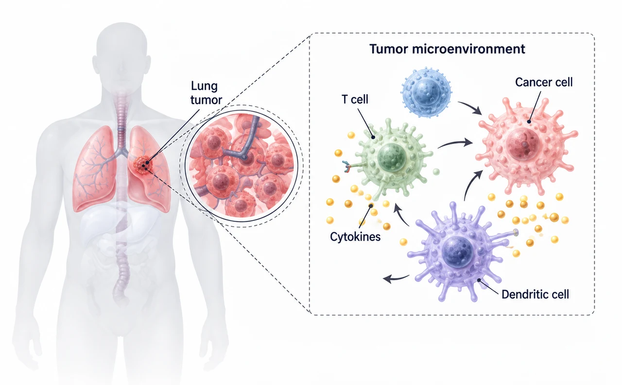 Concept illustration of a lung tumor and its cellular microenvironment