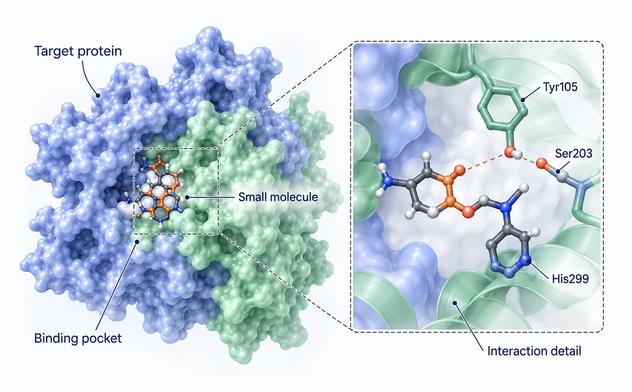 Concept illustration of a protein binding pocket and molecular interactions