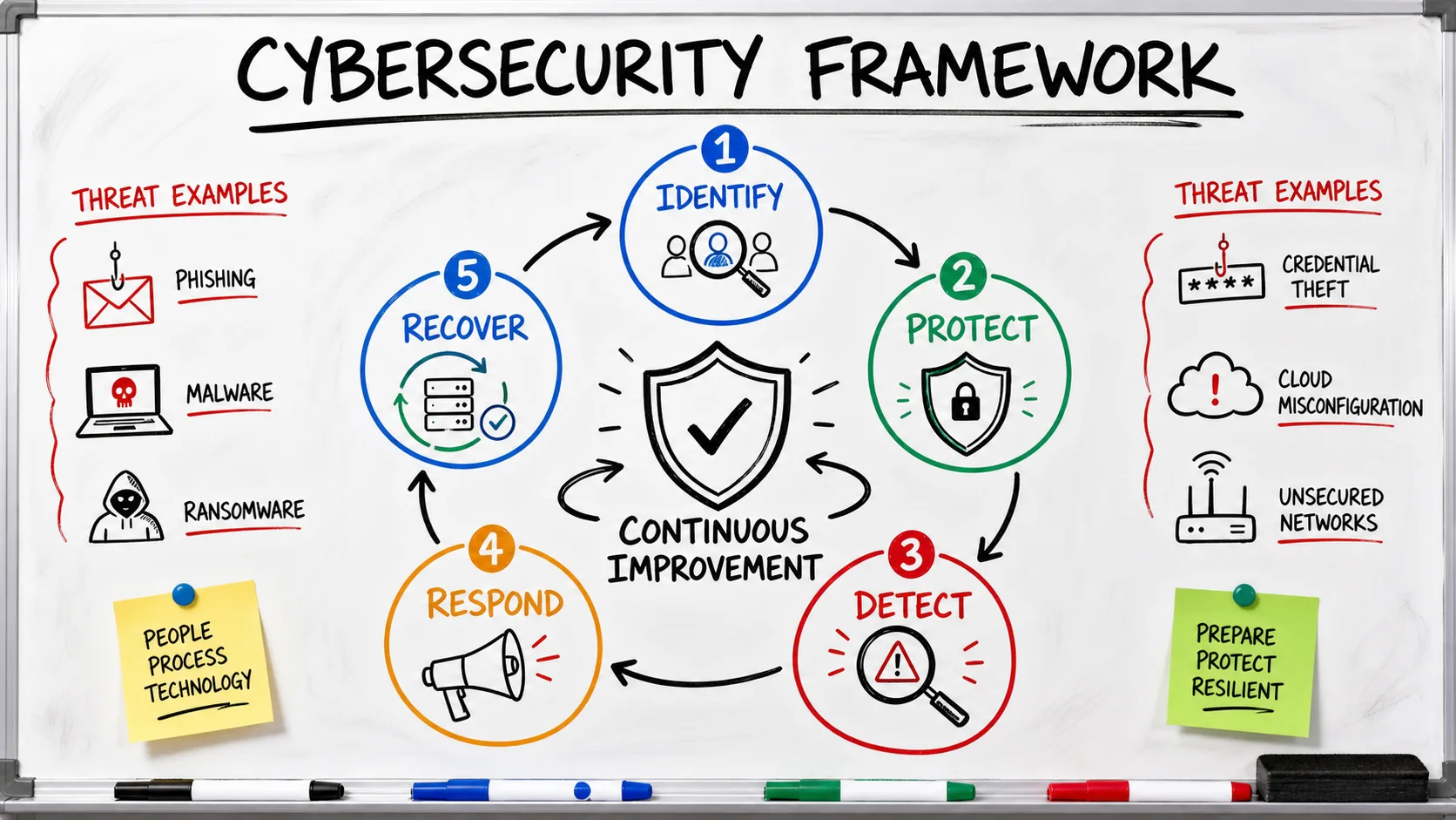 Hand-drawn cybersecurity framework infographic on a whiteboard with five continuous improvement stages