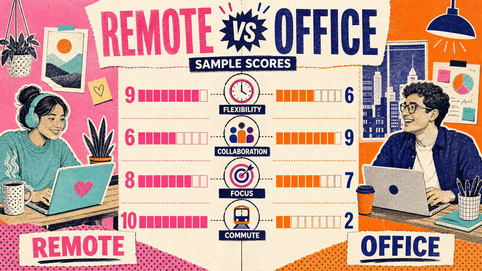Remote versus office comparison infographic using sample scores for four workplace criteria
