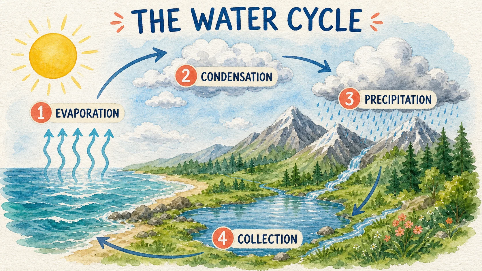 Educational infographic explaining the water cycle with four stages