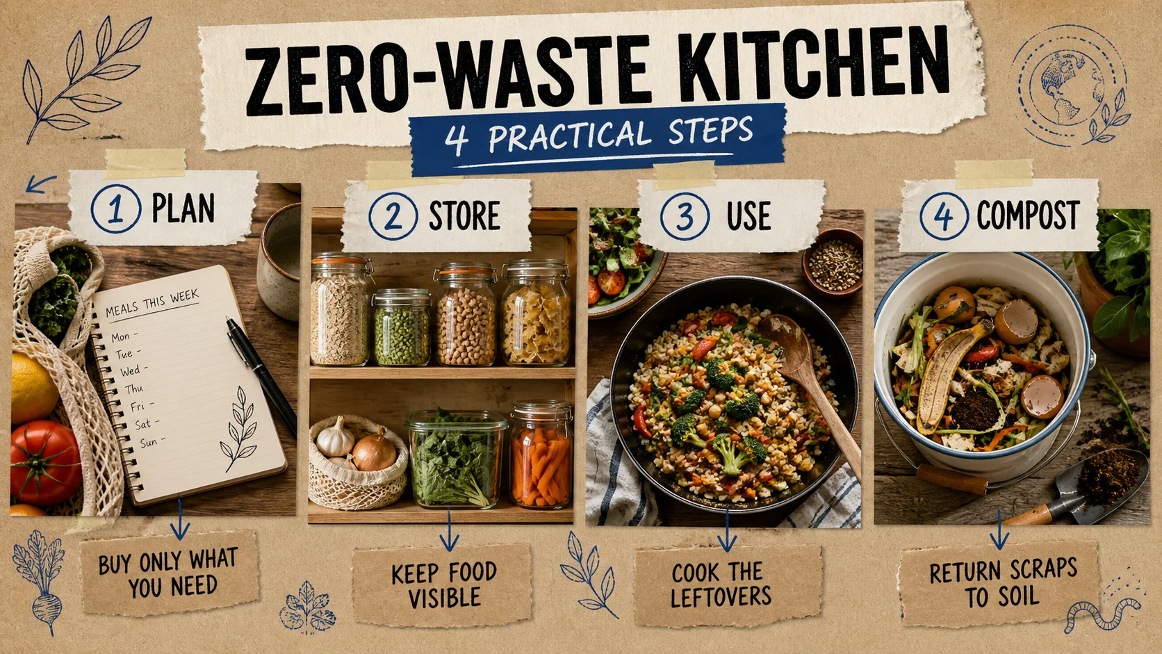 Photographic scrapbook infographic showing four practical zero-waste kitchen steps
