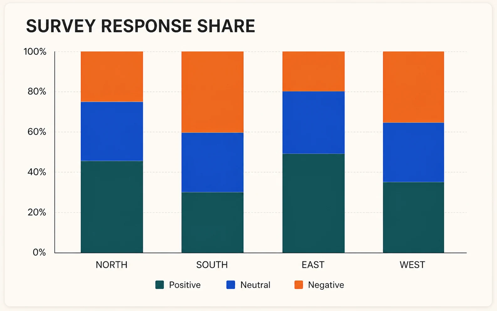 One hundred percent stacked column chart with four equal-height columns and three clearly colored response segments