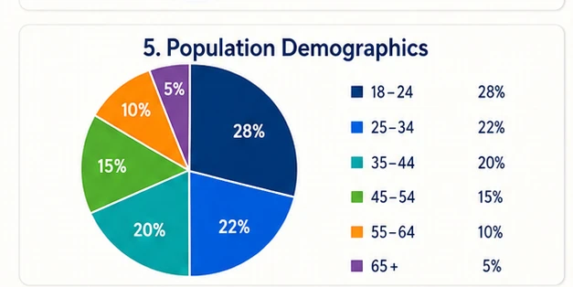 Pie chart showing population distribution by age group