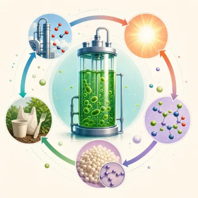 Algae carbon-to-biopolymer graphical abstract, an AI scientific figure example created with Nano Banana Pro in FigEditor