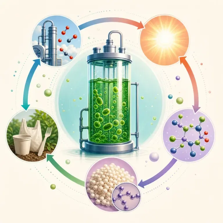 Algae carbon-to-biopolymer graphical abstract, an AI scientific figure example created with Nano Banana Pro in FigEditor
