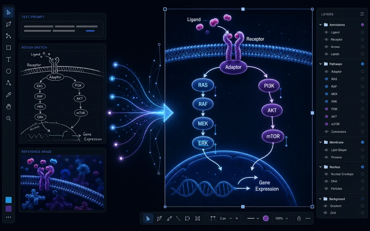 Cell sketch transformed into a detailed scientific illustration and figure panel
