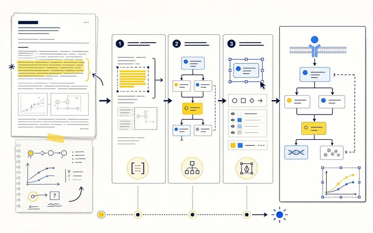 Research papers transformed into a polished scientific figure through a visual workflow