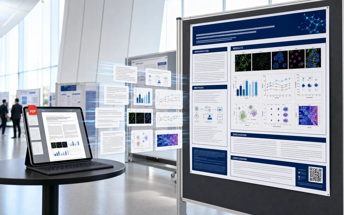 Conference poster layout assembled from scientific diagrams, charts, and microscopy panels